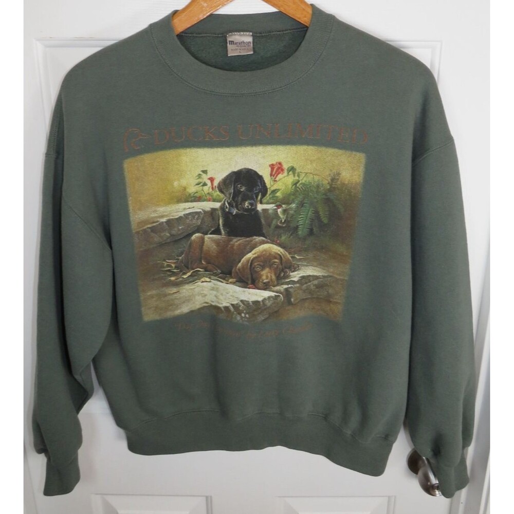 Vintage Ducks Unlimited Sweatshirt Large Green Puppy Dog Black Lab Hunting USA